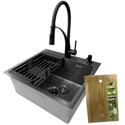 Комплект кухонної мийки Kraft HM 50х50 NANO BLACK (DECOR) PVD (3.0/1.0 мм)+Кухонний змішувач Kroner KRP Ersel - SCH03393BLK SМ467 фото