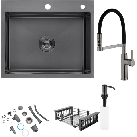 Комплект кухонної мийки Kroner KRP Schwarze 60х50HM PVD +Змішувач для кухні з гнучким виливом Kroner SM60430 фото