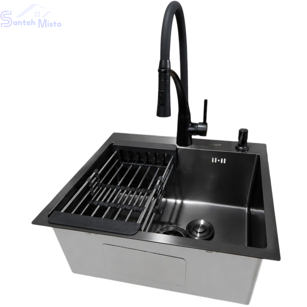 Комплект кухонної мийки Kraft HM 50х50 NANO BLACK (DECOR) PVD (3.0/1.0 мм)+Кухонний змішувач Kroner KRP Ersel - SCH03393BLK SМ467 фото