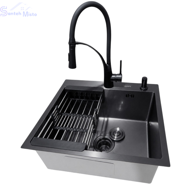 Комплект кухонної мийки Kraft HM 50х50 NANO BLACK (DECOR) PVD (3.0/1.0 мм)+Кухонний змішувач Kroner KRP Ersel - SCH03393BLK SМ467 фото