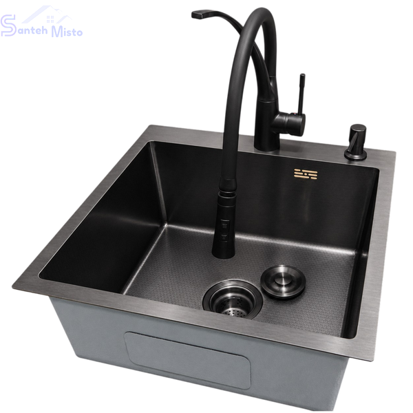 Комплект кухонної мийки Kraft HM 50х50 NANO BLACK (DECOR) PVD (3.0/1.0 мм)+Кухонний змішувач Kroner KRP Ersel - SCH03393BLK SМ467 фото