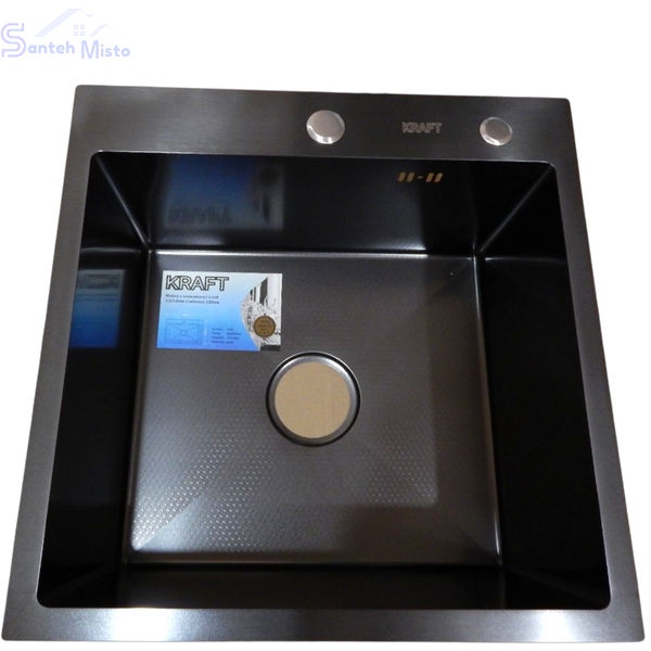 Комплект кухонної мийки Kraft HM 50х50 NANO BLACK PVD (3.0/1.0 мм) Декор SМ045 фото