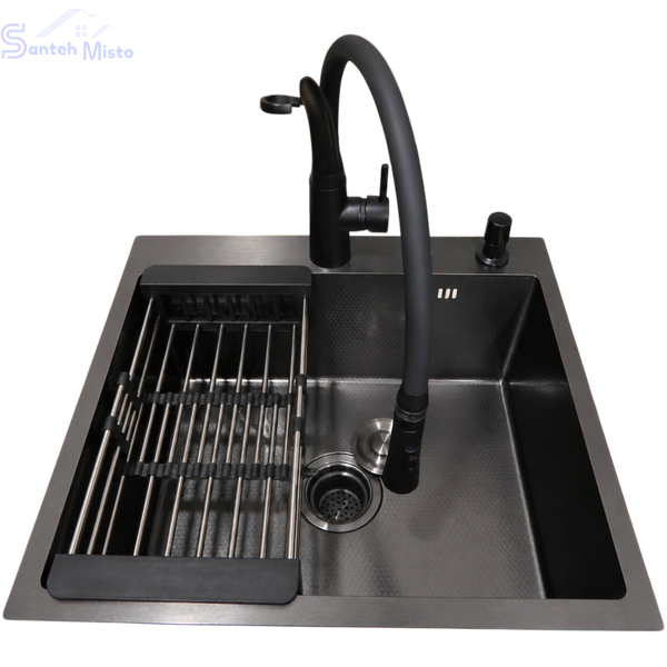 Комплект кухонной мойки Kraft HM 50х50 NANO BLACK (DECOR) PVD (3.0/1.0 мм)+Кухонный смеситель Kroner KRP Ersel - SCH03393BLK SМ467 фото
