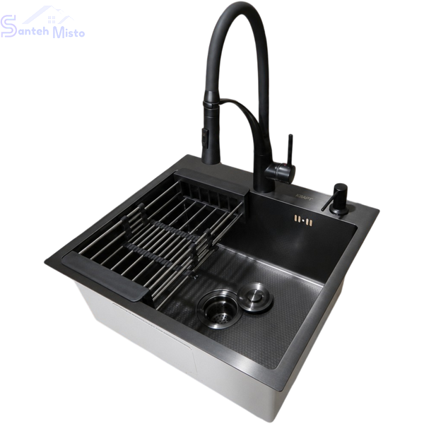 Комплект кухонной мойки Kraft HM 50х50 NANO BLACK (DECOR) PVD (3.0/1.0 мм)+Кухонный смеситель Kroner KRP Ersel - SCH03393BLK SМ467 фото