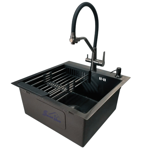 Комплект кухонної мийки Kraft HM 50х50 NANO BLACK (DECOR) PVD (3.0/1.0 мм)+Змішувач для кухні з підключенням до фільтра Kroner  SM5560 фото