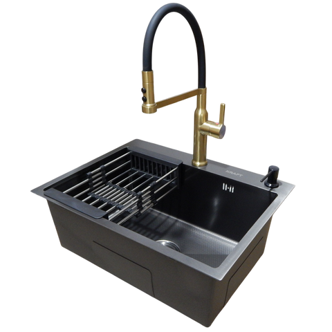 Комплект кухонної мийки Kraft NANO BLACK PVD Декор-соты HS60*45 (3.0/1.0 мм)+Смеситель для кухни Kroner KRP Ersel - GBG03112BLK SM40274 фото