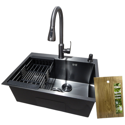 Комплект кухонної мийки Kraft NANO BLACK PVD Декор-соти HS540х480 (3.0/1.0 мм)+Кухонний змішувач TH38 Valeso PVD Графіт з висувною лійкою SM80250 фото