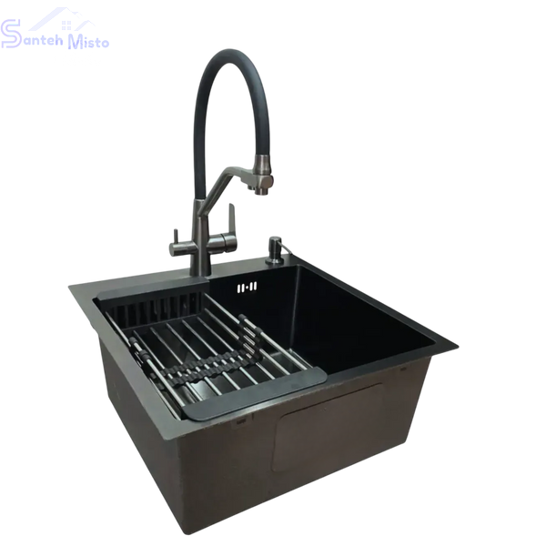 Комплект кухонної мийки Kraft HM 50х50 NANO BLACK (DECOR) PVD (3.0/1.0 мм)+Змішувач для кухні з підключенням до фільтра Kroner SM5560 фото