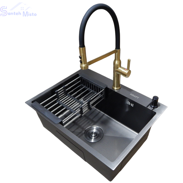 Комплект кухонной мойки Kraft NANO BLACK PVD Декор-соти HS60*45 (3.0/1.0 мм)+Змішувач для кухні Kroner KRP Ersel - GBG03112BLK SM40274 фото