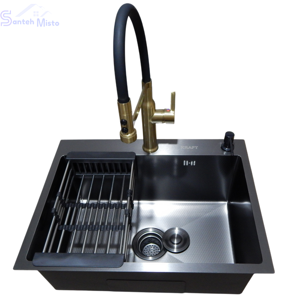 Комплект кухонной мойки Kraft NANO BLACK PVD Декор-соти HS60*45 (3.0/1.0 мм)+Змішувач для кухні Kroner KRP Ersel - GBG03112BLK SM40274 фото