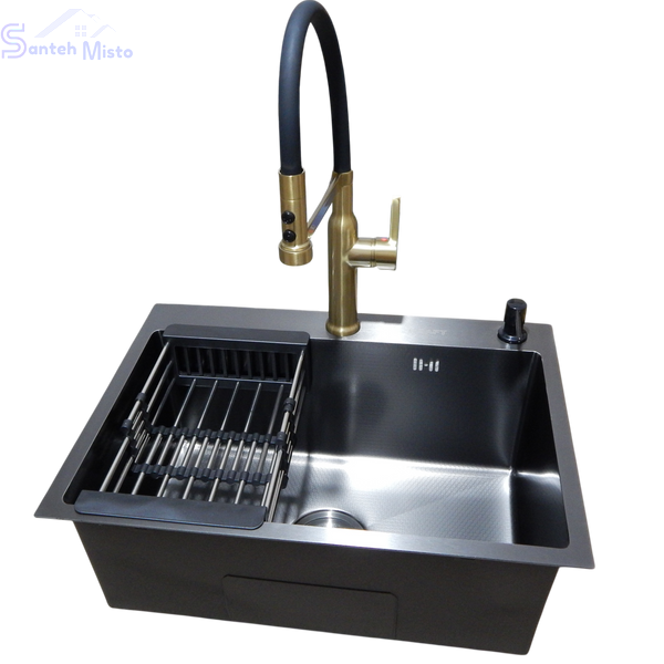 Комплект кухонной мойки Kraft NANO BLACK PVD Декор-соти HS60*45 (3.0/1.0 мм)+Змішувач для кухні Kroner KRP Ersel - GBG03112BLK SM40274 фото