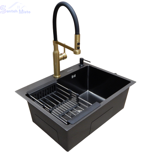 Комплект кухонної мийки Kraft NANO BLACK PVD Декор-соты HS60*45 (3.0/1.0 мм)+Смеситель для кухни Kroner KRP Ersel - GBG03112BLK SM40274 фото