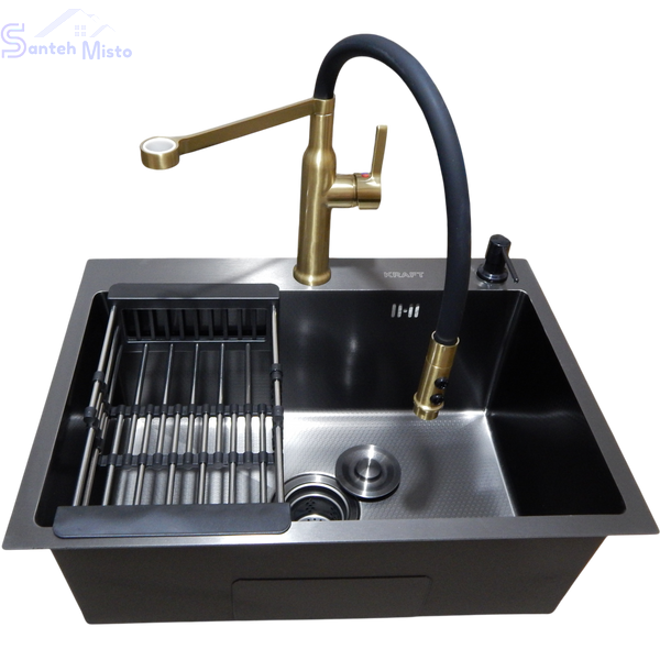 Комплект кухонної мийки Kraft NANO BLACK PVD Декор-соты HS60*45 (3.0/1.0 мм)+Смеситель для кухни Kroner KRP Ersel - GBG03112BLK SM40274 фото