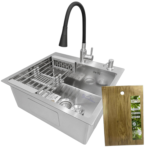 Комплект кухонної мийки Kraft KRF 5448 Декор (3.0/1.0 мм)+Змішувач для кухні Kroner KRP Edelstahl Klassisch &ndash; ESG031BLK SM5522 фото
