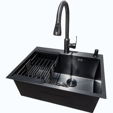Комплект кухонної мийки Kraft NANO BLACK PVD (Декор-соти) 600х450мм (3.0/1.0 мм)+Змішувач TH38 VALESO PVD Графіт SM18050 фото