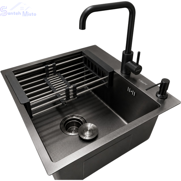 Комплект кухонной мойки Kraft NANO BLACK PVD HS60*45 (3.0/1.0 мм) Decor SM2264 фото