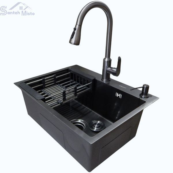 Комплект кухонной мойки Kraft NANO BLACK PVD (Декор-соты) 600х450мм (3.0/1.0 мм)+Смеситель кухонный TH38 Valeso PVD Графит, с выдвижной воронкой SM18050 фото