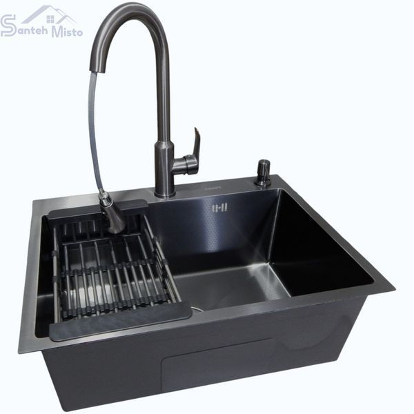 Комплект кухонной мойки Kraft NANO BLACK PVD (Декор-соты) 600х450мм (3.0/1.0 мм)+Смеситель кухонный TH38 Valeso PVD Графит, с выдвижной воронкой SM18050 фото