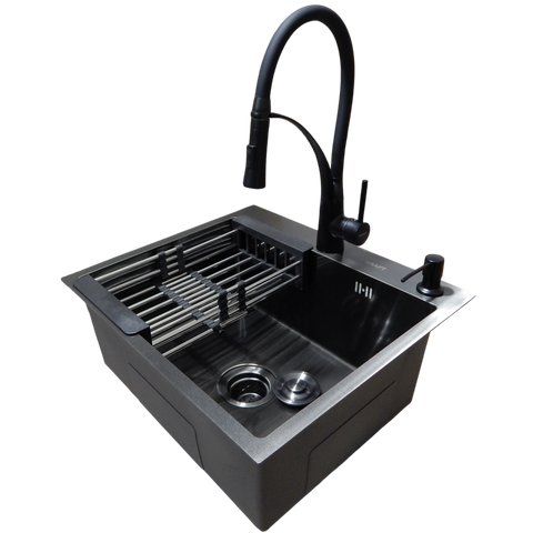 Комплект кухонной мойки Kraft HM 50х50 NANO BLACK PVD (3.0/1.0 мм) SМ90 фото