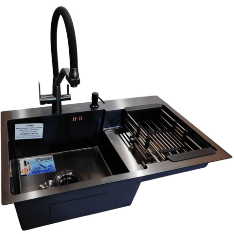 Комплект кухонной мойки Kraft&nbsp;HM&nbsp;NANO BLACK - 7848ALB&nbsp;PVD&nbsp;(3.0/1.0 мм) SM147 фото
