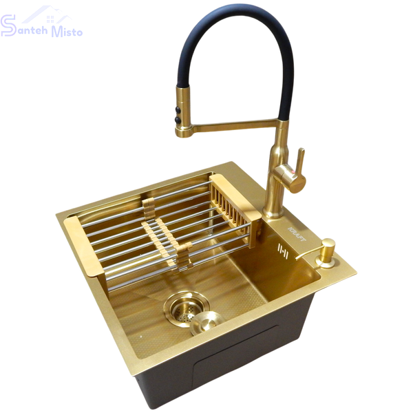 Комплект кухонной мойки Kraft NANO GOLD PVD HS50*50 (3.0/1.0 мм) декор SM80371 фото