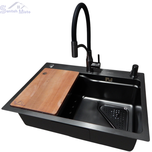 Комплект кухонної мийки Kraft HM 6846 NANO BLACK SM308 фото
