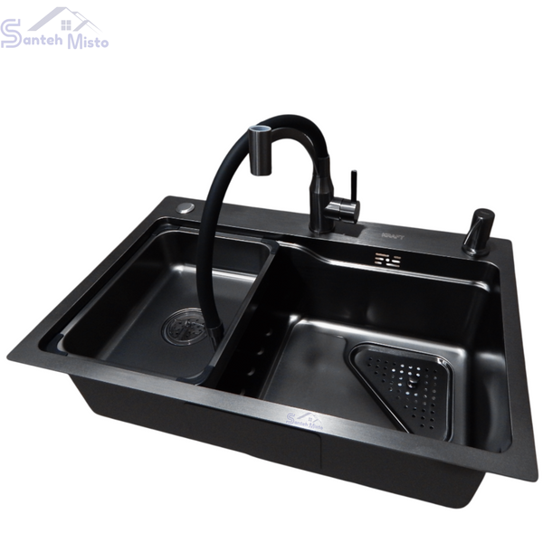 Комплект кухонної мийки Kraft HM 6846 NANO BLACK SM308 фото