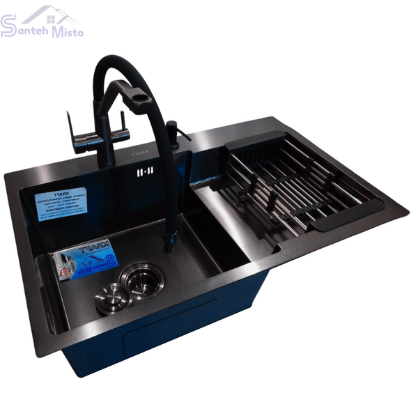 Комплект кухонної мийки Kraft HM&nbsp;NANO BLACK - 7848ALB&nbsp;PVD&nbsp;(3.0/1.0 мм) SM147 фото