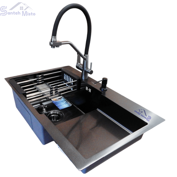 Комплект кухонної мийки Kraft HM&nbsp;NANO BLACK - 7848ALB&nbsp;PVD&nbsp;(3.0/1.0 мм) SM147 фото