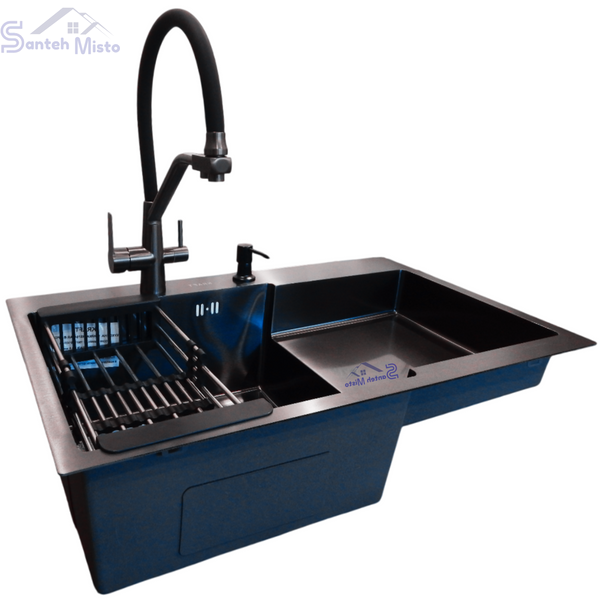 Комплект кухонної мийки Kraft HM&nbsp;NANO BLACK - 7848ALB&nbsp;PVD&nbsp;(3.0/1.0 мм) SM147 фото