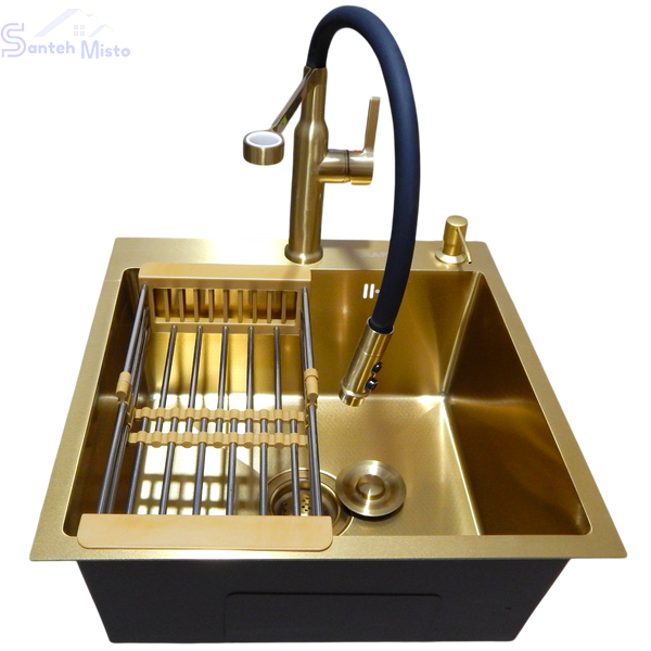 Комплект кухонной мойки Kraft NANO GOLD PVD HS50*50 (3.0/1.0 мм) декор SM80371 фото