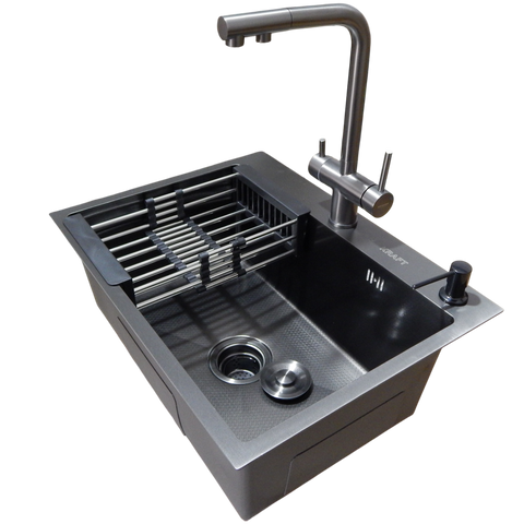 Комплект кухонной мойки Kraft NANO BLACK PVD HS60*45 (3.0/1.0 мм) декор SM60280 фото