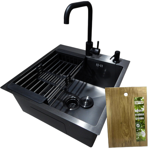 Комплект кухонної мийки Kraft HM 50х50 NANO BLACK PVD (3.0/1.0 мм) декор SM6430 фото