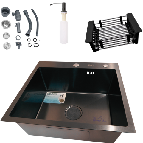 Комплект кухонной мойки Kraft HM 50х50 NANO BLACK PVD (3.0/1.0 мм) SМ522 фото