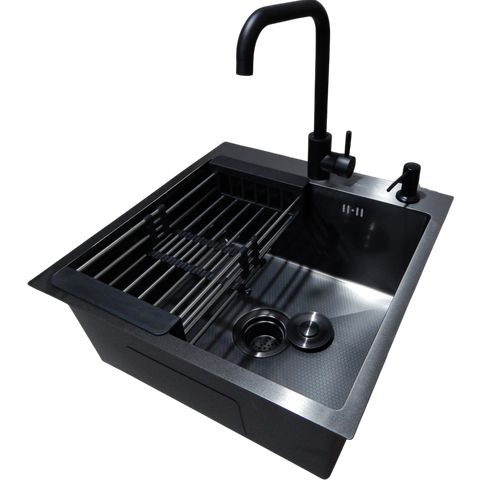 Комплект кухонной мойки Kraft HM 50х50 NANO BLACK PVD (3.0/1.0 мм) декор SM6430 фото