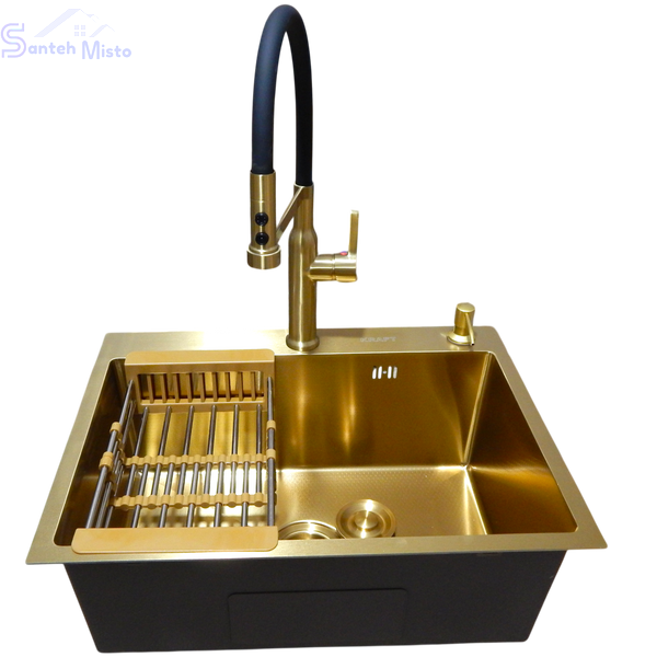 Комплект кухонной мойки Kraft NANO GOLD PVD HS 540х480 (3.0/1.0 мм) декор SM20496 фото