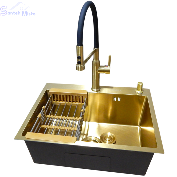 Комплект кухонной мойки Kraft NANO GOLD PVD HS 540х480 (3.0/1.0 мм) декор SM20496 фото