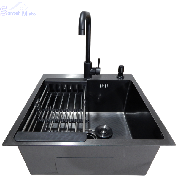 Комплект кухонної мийки Kraft HM 50х50 NANO BLACK PVD (3.0/1.0 мм) декор SM6430 фото