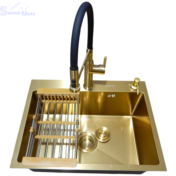 Комплект кухонной мойки Kraft NANO GOLD PVD HS 540х480 (3.0/1.0 мм) декор SM20496 фото