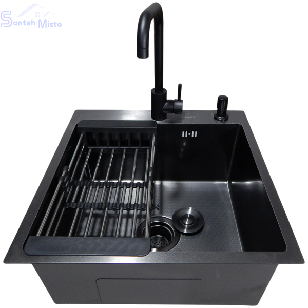 Комплект кухонної мийки Kraft HM 50х50 NANO BLACK PVD (3.0/1.0 мм) декор SM6430 фото