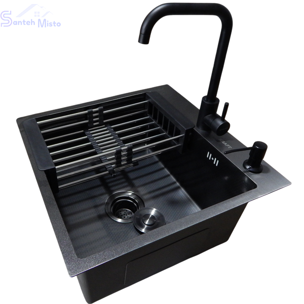 Комплект кухонної мийки Kraft HM 50х50 NANO BLACK PVD (3.0/1.0 мм) декор SM6430 фото