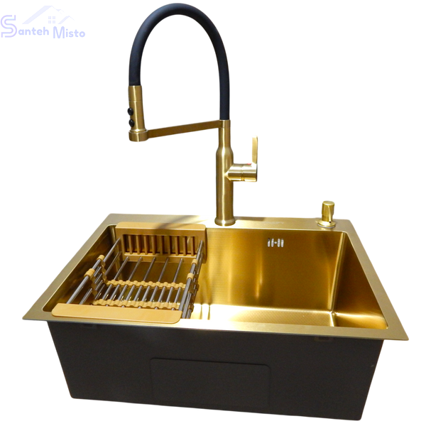Комплект кухонной мойки Kraft NANO GOLD PVD HS 540х480 (3.0/1.0 мм) декор SM20496 фото