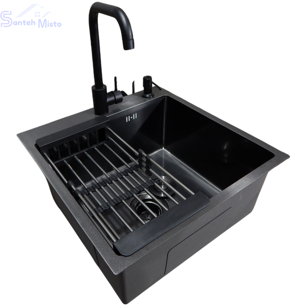 Комплект кухонної мийки Kraft HM 50х50 NANO BLACK PVD (3.0/1.0 мм) декор SM6430 фото