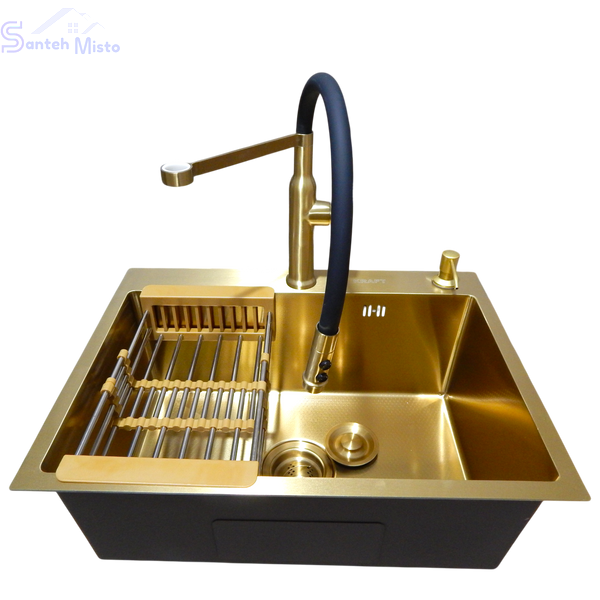 Комплект кухонной мойки Kraft NANO GOLD PVD HS 540х480 (3.0/1.0 мм) декор SM20496 фото