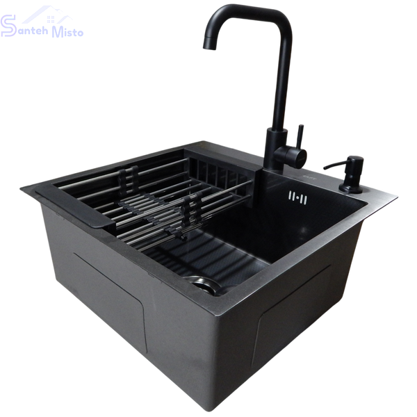 Комплект кухонної мийки Kraft HM 50х50 NANO BLACK PVD (3.0/1.0 мм) декор SM6430 фото