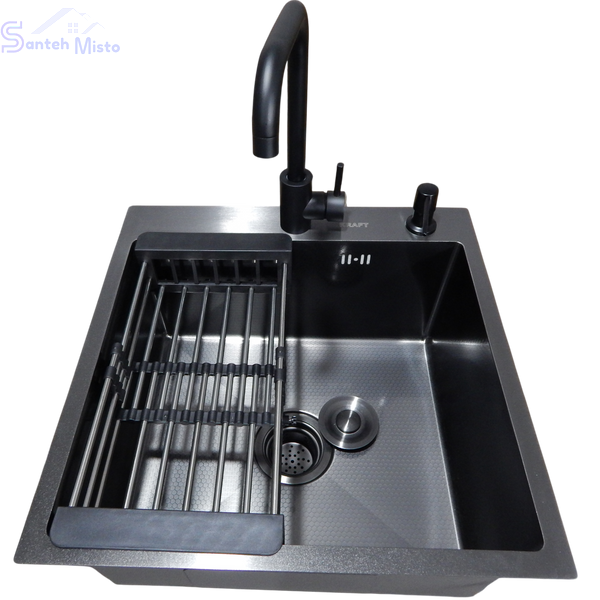 Комплект кухонної мийки Kraft HM 50х50 NANO BLACK PVD (3.0/1.0 мм) декор SM6430 фото