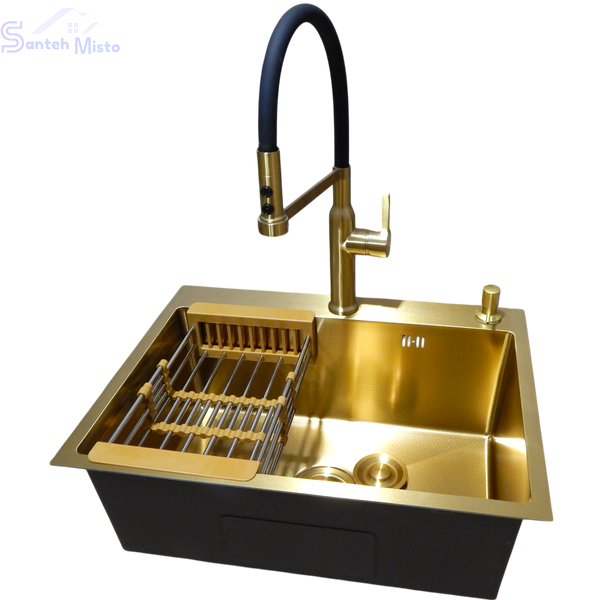 Комплект кухонной мойки Kraft NANO GOLD PVD HS 540х480 (3.0/1.0 мм) декор SM20496 фото