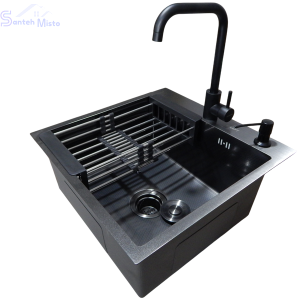 Комплект кухонної мийки Kraft HM 50х50 NANO BLACK PVD (3.0/1.0 мм) декор SM6430 фото