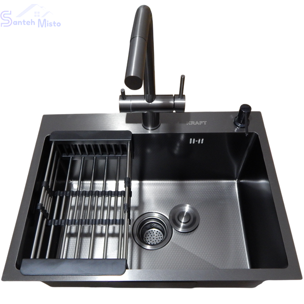 Комплект кухонной мойки Kraft NANO BLACK PVD HS60*45 (3.0/1.0 мм) декор SM60280 фото