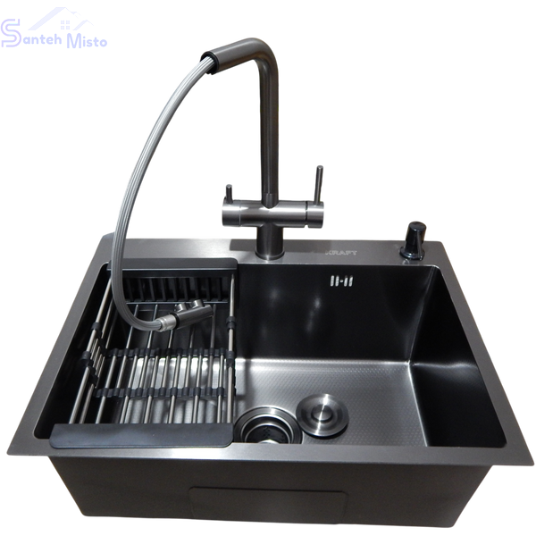 Комплект кухонной мойки Kraft NANO BLACK PVD HS60*45 (3.0/1.0 мм) декор SM60280 фото